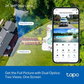 Tapo TC34 2K Dual-Lens Pan/Tilt Indoor & Outdoor Security Camera | 125° Wide + 6mm Telephoto | Smart Tracking | Colour Night Vision | Free AI Detection | IP65