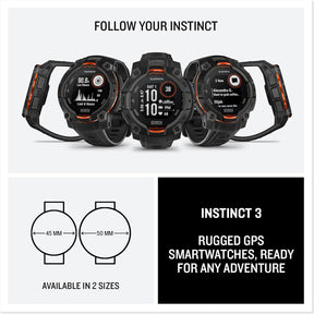 Garmin Instinct® 3 45mm, Solar Charged Display, Rugged Outdoor GPS Smartwatch, Metal-Reinforced Bezel, Built-in Flashlight, Black